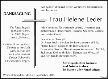 Traueranzeige von Helene Leder von WVG - Wochenspiegel NMB / WSF / ZTZ