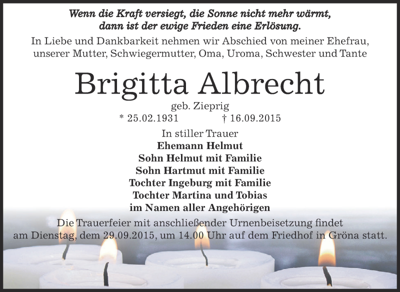  Traueranzeige für Brigitta Albrecht vom 26.09.2015 aus Super Sonntag Bernburg