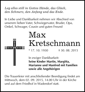 Traueranzeige von Max Kretschmann von Mitteldeutsche Zeitung Bitterfeld