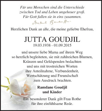 Traueranzeige von Jutta Goudjil von Mitteldeutsche Zeitung Halle/Saalkreis