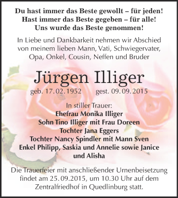 Traueranzeige von Jürgen Illiger von Super Sonntag Quedlinburg