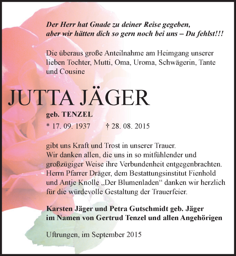  Traueranzeige für Jutta Jäger vom 16.09.2015 aus Mitteldeutsche Zeitung Sangerhausen