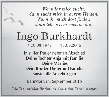 Traueranzeige von Ingo Burkhardt von Wochenspiegel Mansfelder Land
