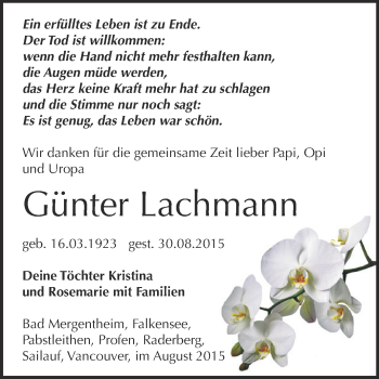 Traueranzeige von Günter Lachmann von Super Sonntag Zeitz
