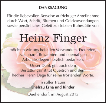 Traueranzeige von Heinz Finger von Mitteldeutsche Zeitung Köthen