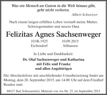 Traueranzeige von Felizitas Agnes Sachsenweger von Super Sonntag Zeitz