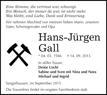 Traueranzeige von Hans-Jürgen Gall von Super Sonntag SGH Mansf. Land