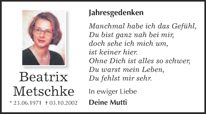  Traueranzeige für Beatrix Metschke vom 26.09.2015 aus Super Sonntag Wittenberg
