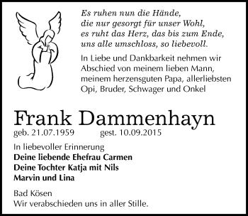 Traueranzeige von Frank Dammenhayn von Mitteldeutsche Zeitung Naumburg/Nebra