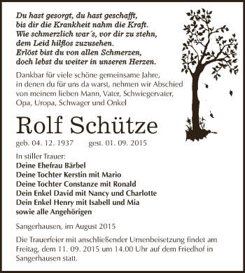 Traueranzeige von Rolf Schütze von Super Sonntag SGH Mansf. Land
