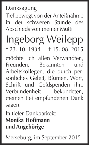 Traueranzeige von Ingeborg Weilepp von Super Sonntag Merseburg