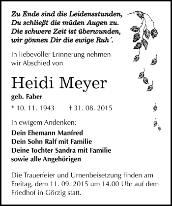Traueranzeige von Heidi Meyer von Mitteldeutsche Zeitung Köthen