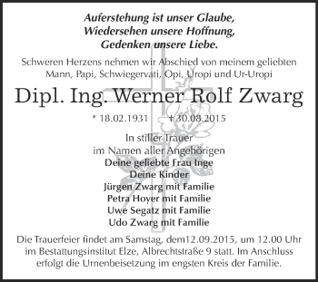 Traueranzeige von Werner Rolf Zwarg von WVG - Wochenspiegel Dessau / Köthen