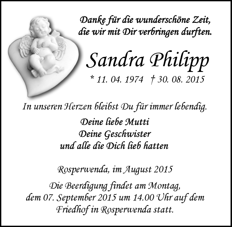  Traueranzeige für Sandra Philipp vom 02.09.2015 aus Mitteldeutsche Zeitung Sangerhausen