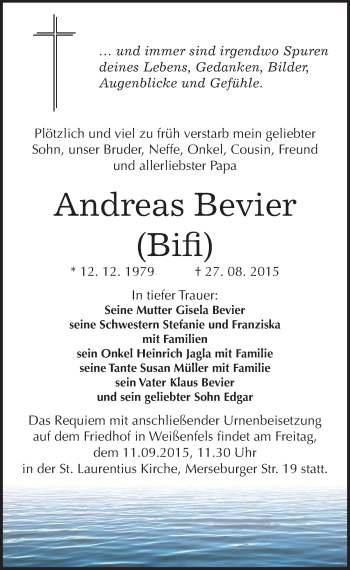 Traueranzeige von Andreas Bevier von Mitteldeutsche Zeitung Weißenfels