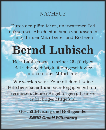 Traueranzeige von Bernd Lubisch von Super Sonntag Wittenberg