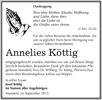 Traueranzeige von Annelies Köttig von Mitteldeutsche Zeitung Mansfelder Land