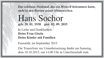 Traueranzeige von Hans Sochor von WVG - Wochenspiegel Merseburg