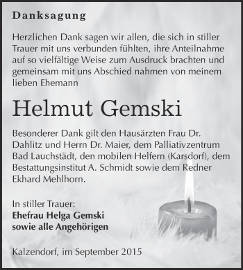 Traueranzeige von Helmut Gemski von Super Sonntag Zeitz