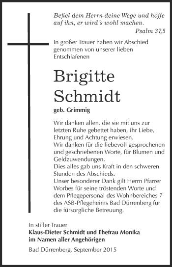 Traueranzeige von Brigitte Schmidt von Super Sonntag Merseburg