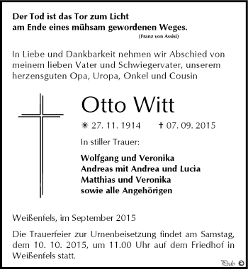 Traueranzeige von Otto Witt von Mitteldeutsche Zeitung Weißenfels