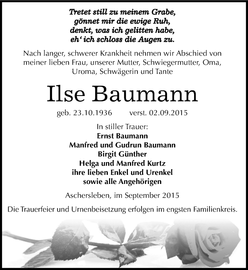  Traueranzeige für Ilse Baumann vom 09.09.2015 aus Mitteldeutsche Zeitung Aschersleben