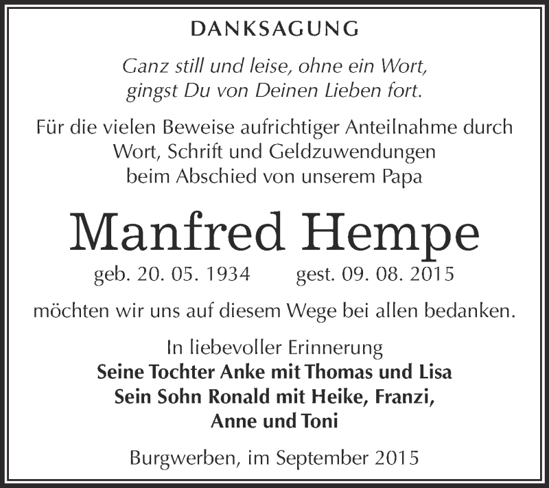  Traueranzeige für Manfred Hempe vom 09.09.2015 aus WVG - Wochenspiegel NMB / WSF / ZTZ