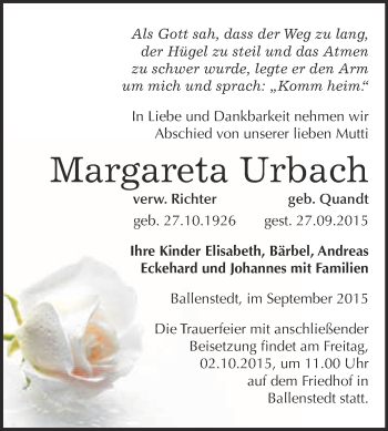 Traueranzeige von Margareta Urbach von WVG - Wochenspiegel Quedlinburg