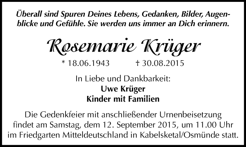  Traueranzeige für Rosemarie Krüger vom 05.09.2015 aus Mitteldeutsche Zeitung Halle/Saalkreis