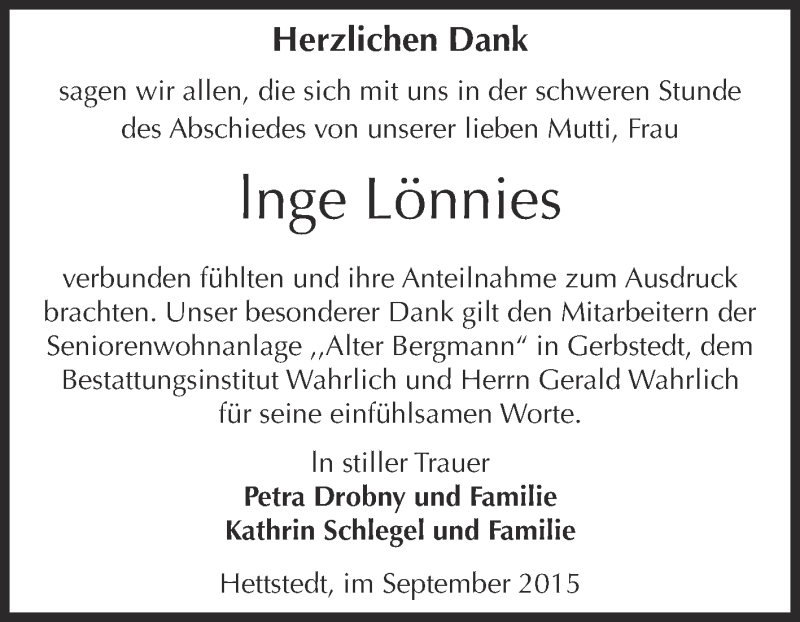  Traueranzeige für lnge Lönnies vom 09.09.2015 aus Wochenspiegel Mansfelder Land