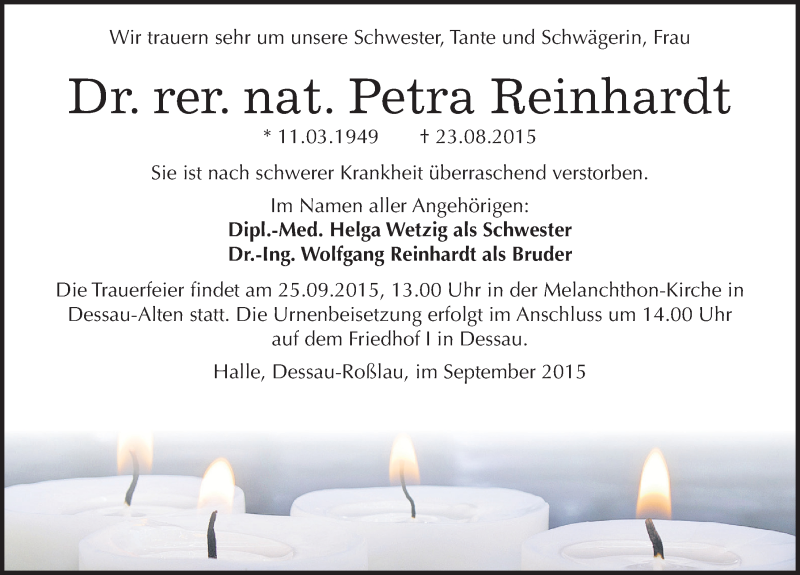  Traueranzeige für Petra Reinhardt vom 12.09.2015 aus Mitteldeutsche Zeitung Dessau-Roßlau