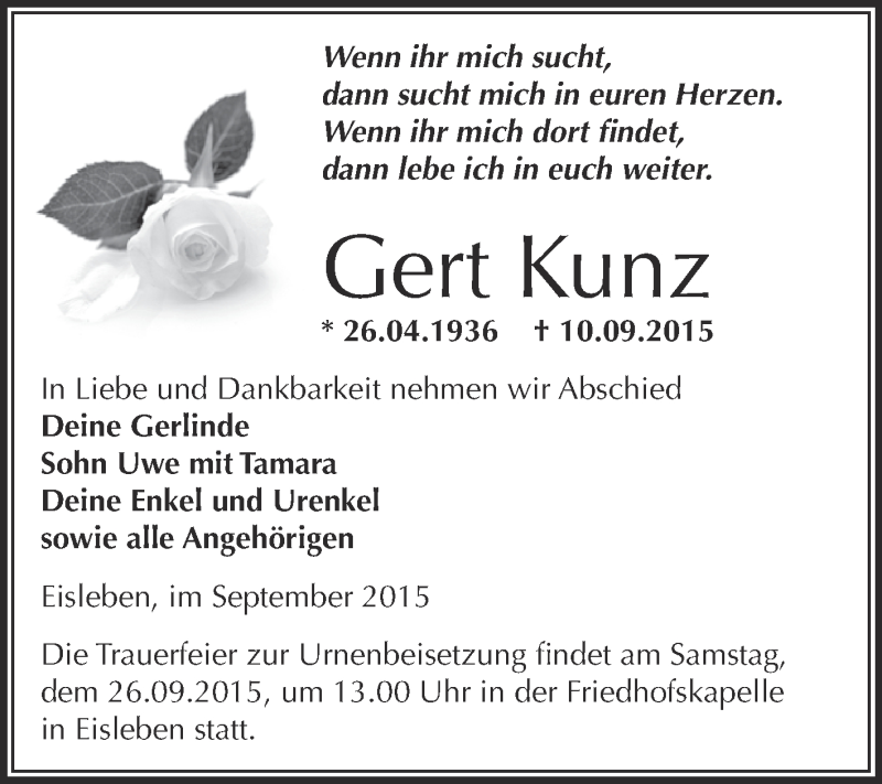  Traueranzeige für Gert Kunz vom 16.09.2015 aus Wochenspiegel Mansfelder Land