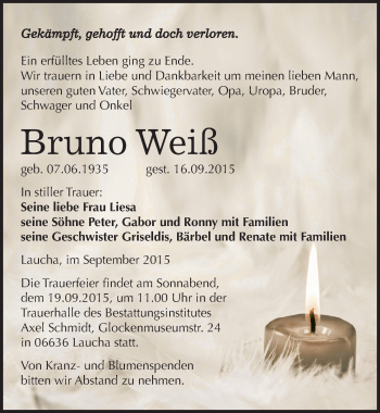 Traueranzeige von Bruno Weiß von Mitteldeutsche Zeitung Naumburg/Nebra
