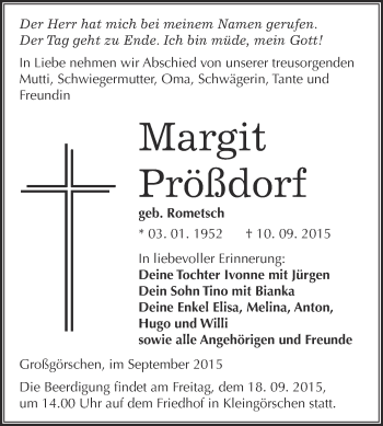 Traueranzeige von Margit Prößdorf von WVG - Wochenspiegel Merseburg