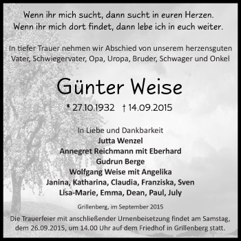 Traueranzeige von Günter Weise von Super Sonntag SGH Mansf. Land