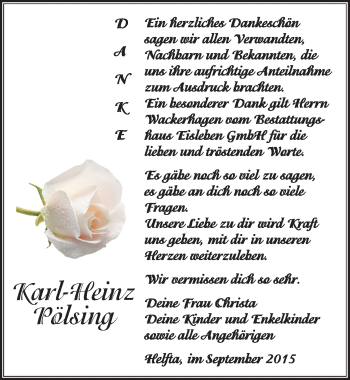 Traueranzeige von Karl-Heinz Pölsing von Mitteldeutsche Zeitung Mansfelder Land