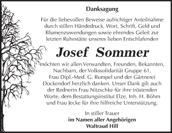 Traueranzeige von Josef Sommer von WVG - Wochenspiegel Dessau / Köthen
