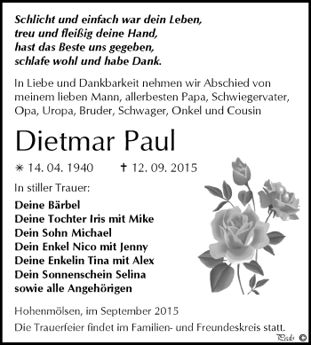 Traueranzeige von Dietmar Paul von WVG - Wochenspiegel NMB / WSF / ZTZ