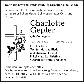 Traueranzeige von Charlotte Gepler von Mitteldeutsche Zeitung Merseburg/Querfurt