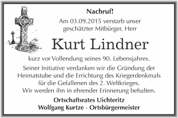 Traueranzeige von Kurt Lindner von WVG - Wochenspiegel NMB / WSF / ZTZ