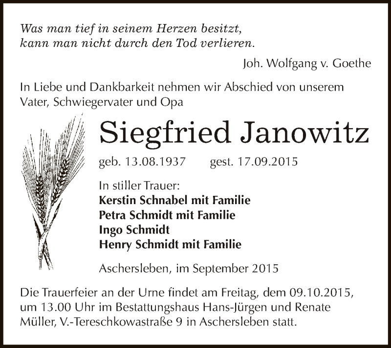  Traueranzeige für Siegfried Janowitz vom 26.09.2015 aus Super Sonntag Aschersleben