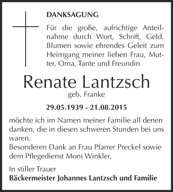 Traueranzeige von Renate Lantzsch von WVG - Wochenspiegel Dessau / Köthen