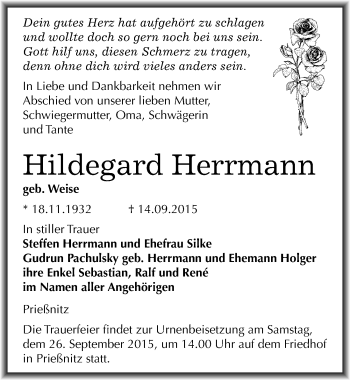 Traueranzeige von Hildegard Herrmann von Mitteldeutsche Zeitung Naumburg/Nebra