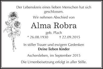 Traueranzeige von Alma Robra von Super Sonntag Aschersleben