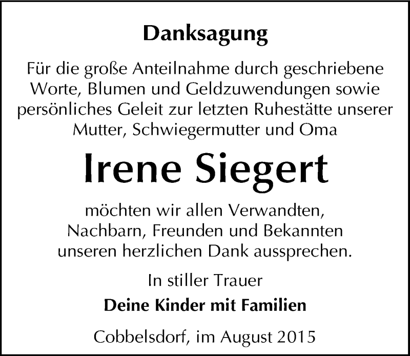  Traueranzeige für Irene Siegert vom 12.09.2015 aus Mitteldeutsche Zeitung Wittenberg