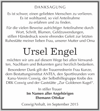 Traueranzeige von Ursel Engel von Super Sonntag Wittenberg