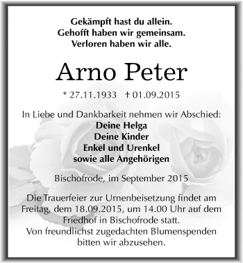 Traueranzeige von Arno Peter von Mitteldeutsche Zeitung Mansfelder Land