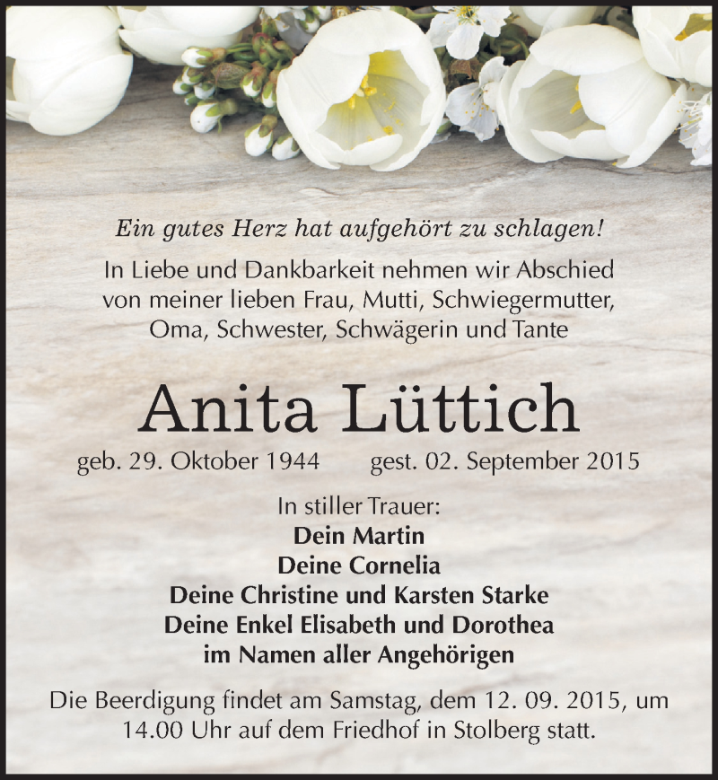  Traueranzeige für Anita Lüttich vom 07.09.2015 aus Mitteldeutsche Zeitung Sangerhausen
