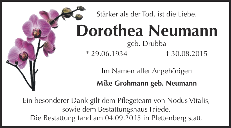  Traueranzeige für Dorothea Neumann vom 05.09.2015 aus WVG - Wochenspiegel Dessau / Köthen
