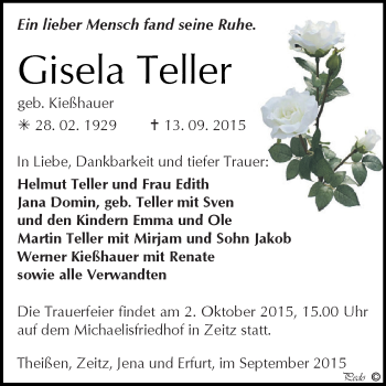 Traueranzeige von Gisela Teller von Super Sonntag Zeitz